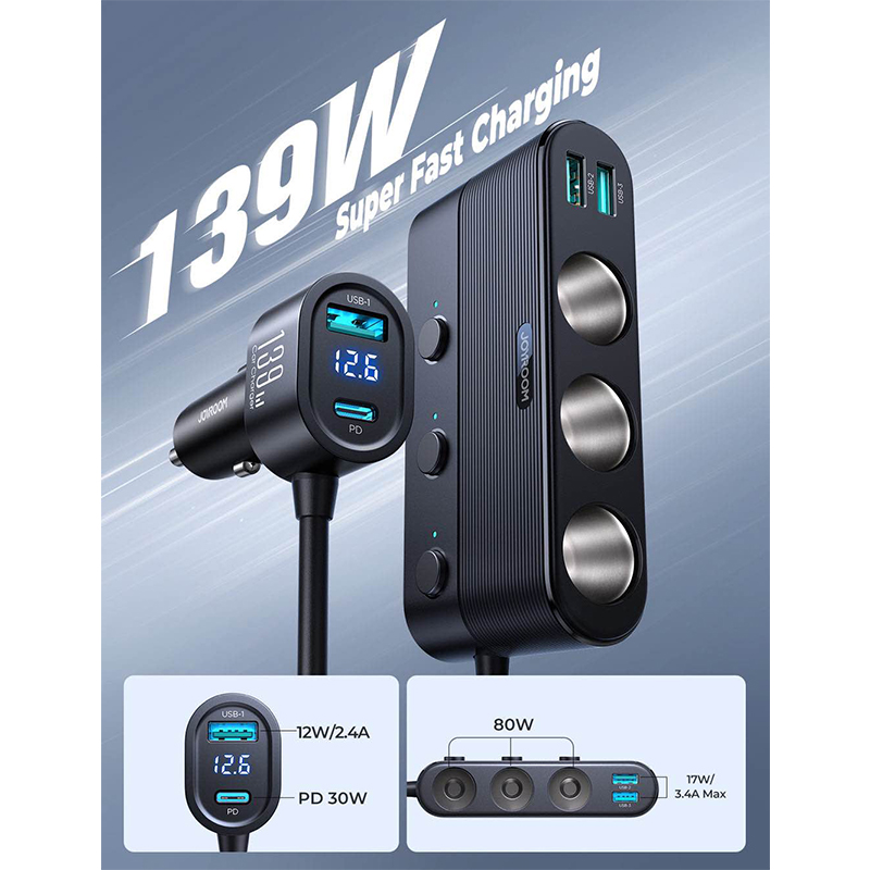 Picture of Joyroom JR-CCL01 139W 7 in 1 Cigarette Lighter Splitter Car Charger-Black