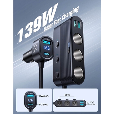 Picture of Joyroom JR-CCL01 139W 7 in 1 Cigarette Lighter Splitter Car Charger-Black