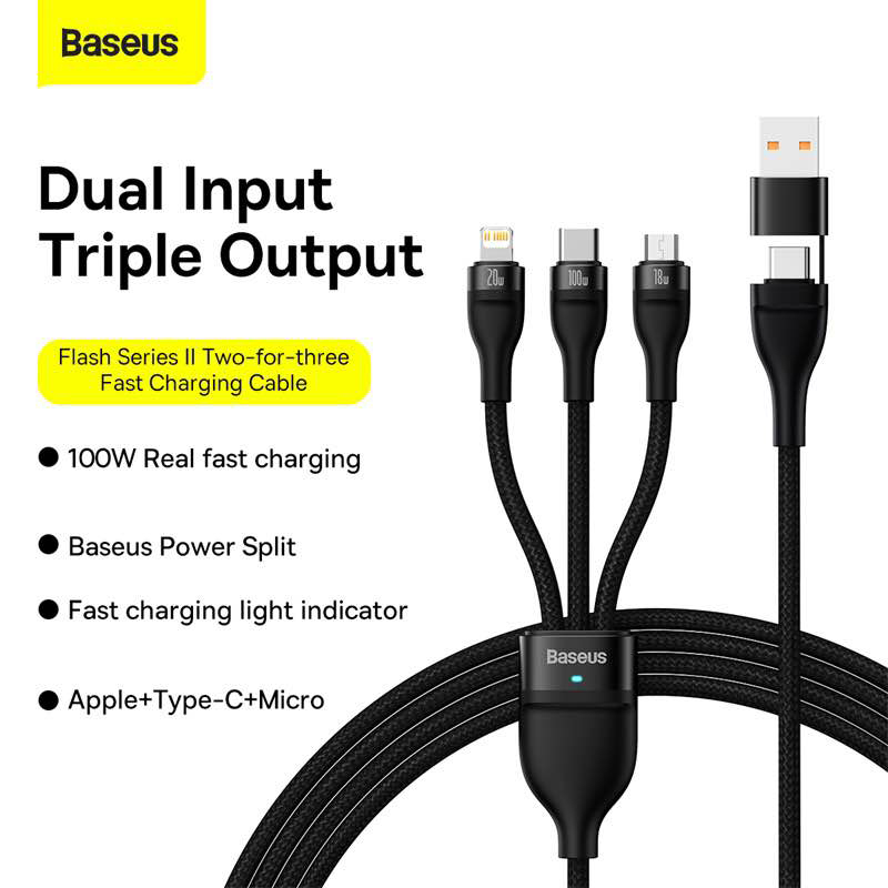 Picture of Baseus Cable CASS030101 Flash Series Ⅱ Two-for-three Fast Charging Data Cable USB to M+L+C 100W 1.2m Black-Black