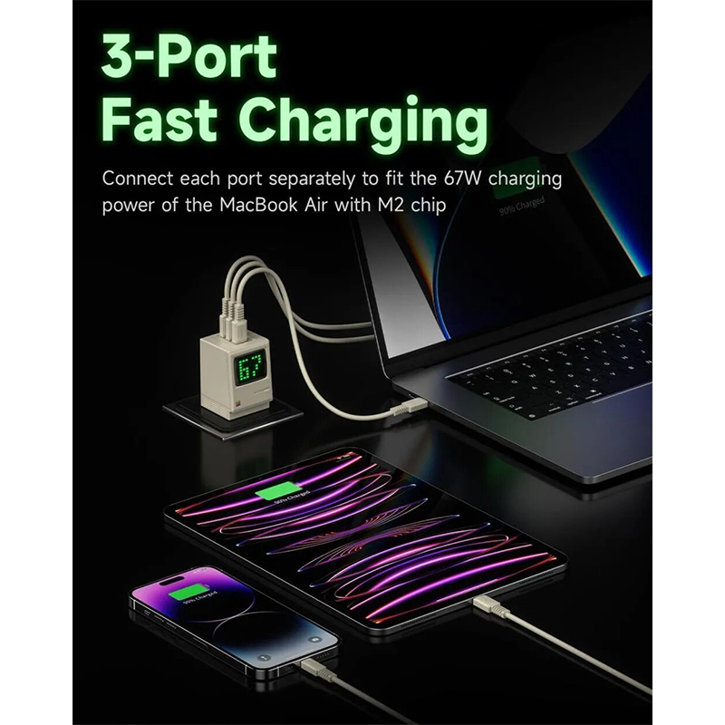 Picture of SHARGE Retro 67w USB C Power Display 3-Port Fast GaN Foldable Charger-White