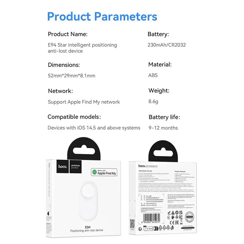 Picture of HOCO E94 AirTags Tracker Intelligent Positioning Anti-lost Device, Apple Find My Network Support-Black