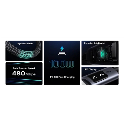 Picture of UGREEN Uno 100W USB-C to USB-C Cable with LED Display-Black