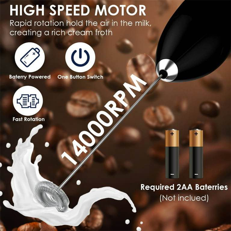 Picture of Milk Frother Handheld with Stand, Battery Powered Foam Maker, Whisk Drink Mixer Mini Blender For Coffee, Frappe, Latte, Matcha, Chocolate (Black)-Black