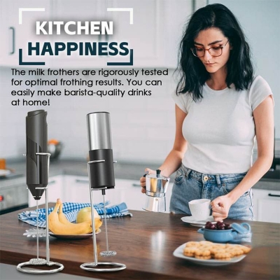 Picture of Milk Frother Handheld with Stand, Battery Powered Foam Maker, Whisk Drink Mixer Mini Blender For Coffee, Frappe, Latte, Matcha, Chocolate (Black)-Black