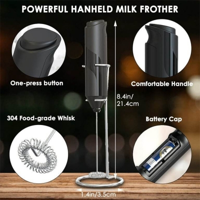 Picture of Milk Frother Handheld with Stand, Battery Powered Foam Maker, Whisk Drink Mixer Mini Blender For Coffee, Frappe, Latte, Matcha, Chocolate (Black)-Black