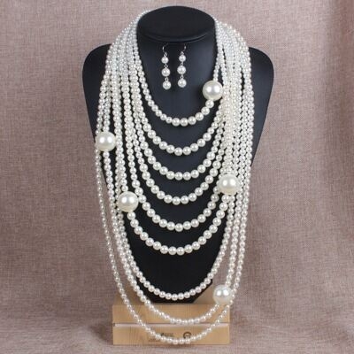 Picture of Fashion Exaggerated Multi Layer Pearl Necklace Set