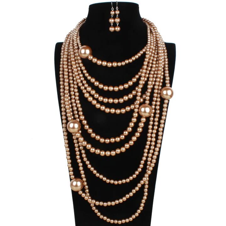 Picture of Fashion Exaggerated Multi Layer Pearl Necklace Set