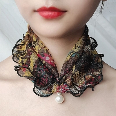 Picture of Fashion Lace Variety Scarf Necklace Creative Fake Pearl Pendant Scarf Chiffon Loop Scarf For Women Clothing Accessories