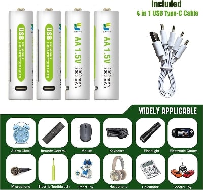 Picture of USB Rechargeable Battery | Fast Charging | Reusable Rechargeable Battery for Toys  Remotes & Home Devices - Grey