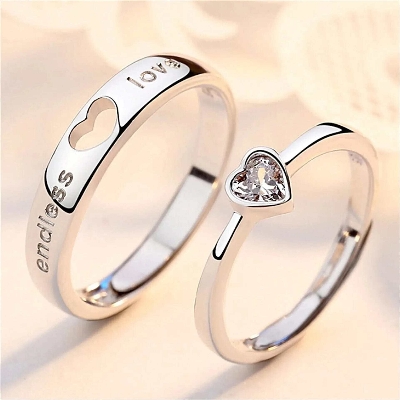 Picture of 2Pcs/sets Zircon Heart Matching Couple Rings Set Forever Endless Love Wedding Ring for Women Men Charm Jewelry