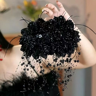 Picture of Peony Flower Tassel Sequin Hair Clip  Premium Peony Flower Sequin Tassel Hair Claw Clip – Elegant Mesh Shark Clip Hair Accessories for Women & Girls