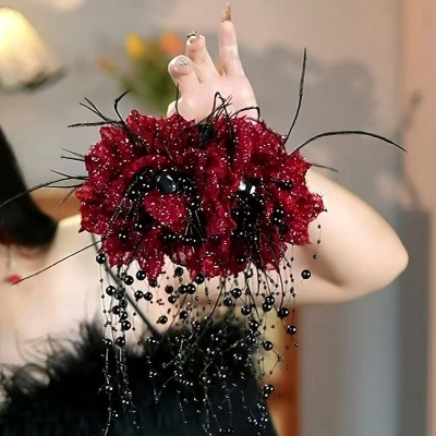 Picture of Peony Flower Tassel Sequin Hair Clip  Premium Peony Flower Sequin Tassel Hair Claw Clip – Elegant Mesh Shark Clip Hair Accessories for Women & Girls