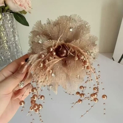 Picture of Peony Flower Tassel Sequin Hair Clip  Premium Peony Flower Sequin Tassel Hair Claw Clip – Elegant Mesh Shark Clip Hair Accessories for Women & Girls