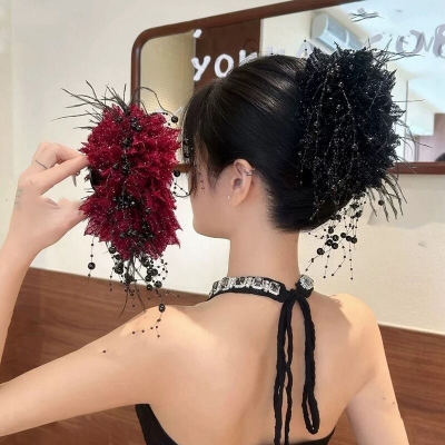 Picture of Peony Flower Tassel Sequin Hair Clip  Premium Peony Flower Sequin Tassel Hair Claw Clip – Elegant Mesh Shark Clip Hair Accessories for Women & Girls
