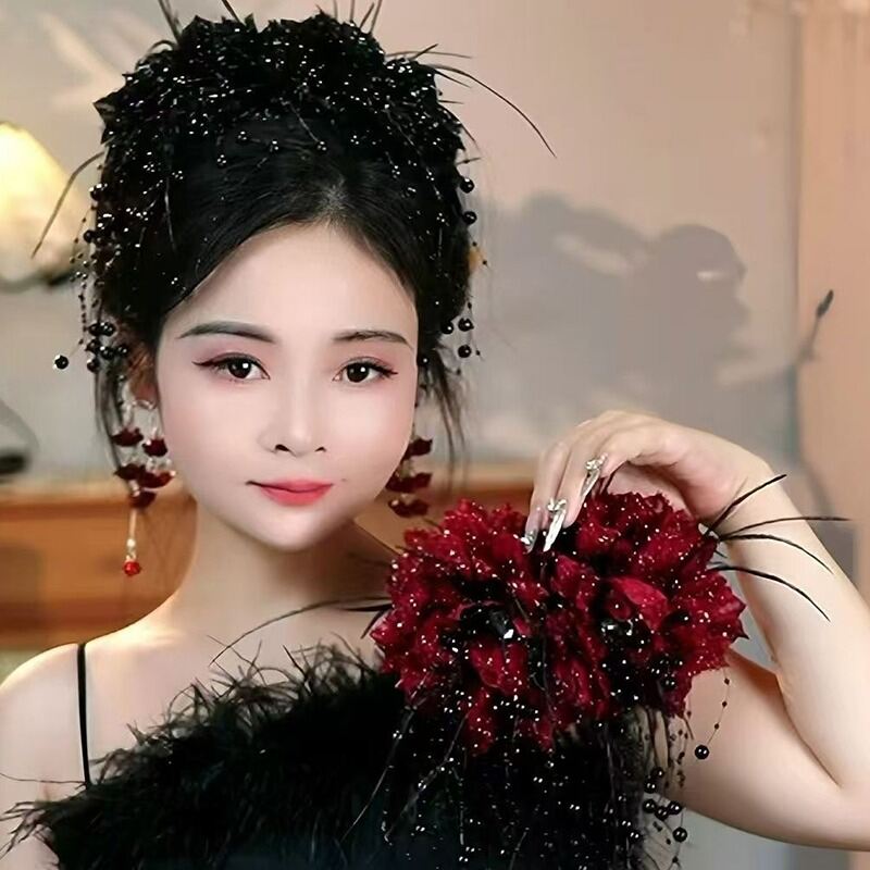 Picture of Peony Flower Tassel Sequin Hair Clip  Premium Peony Flower Sequin Tassel Hair Claw Clip – Elegant Mesh Shark Clip Hair Accessories for Women & Girls