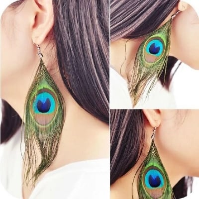 Picture of New Fashion Jewelry Earrings For Women Boho Charming Earring Simple Peacock Feather Vintage Luxury Long Dangle Earrings Cut - 5 MM - Blue
