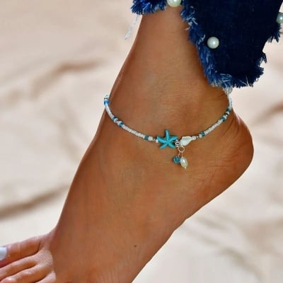 Picture of Stylish Multilayer Golden Colored Anklet for Women | Simple Design Foot Chain Starfish shell beach anklet - Blue