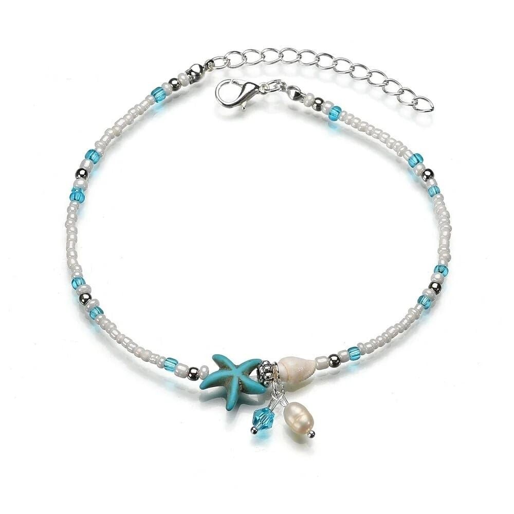 Picture of Stylish Multilayer Golden Colored Anklet for Women | Simple Design Foot Chain Starfish shell beach anklet - Blue