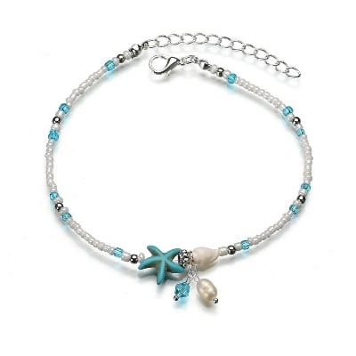 Picture of Stylish Multilayer Golden Colored Anklet for Women | Simple Design Foot Chain Starfish shell beach anklet - Blue