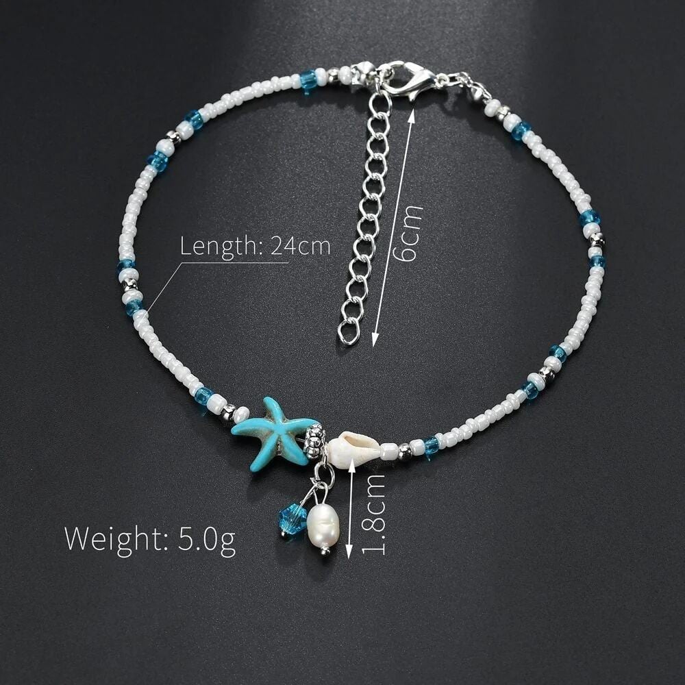 Picture of Stylish Multilayer Golden Colored Anklet for Women | Simple Design Foot Chain Starfish shell beach anklet - Blue