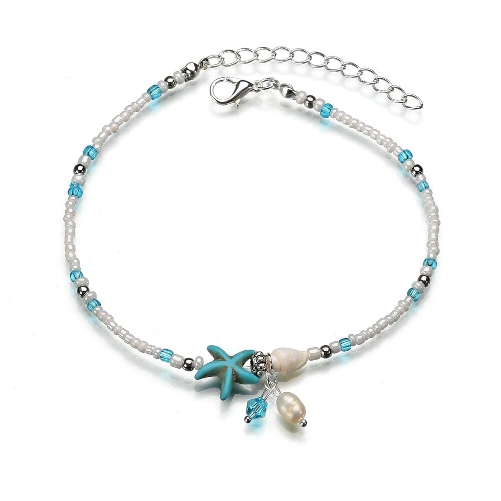 Picture of Stylish Multilayer Golden Colored Anklet for Women | Simple Design Foot Chain Starfish shell beach anklet - Blue
