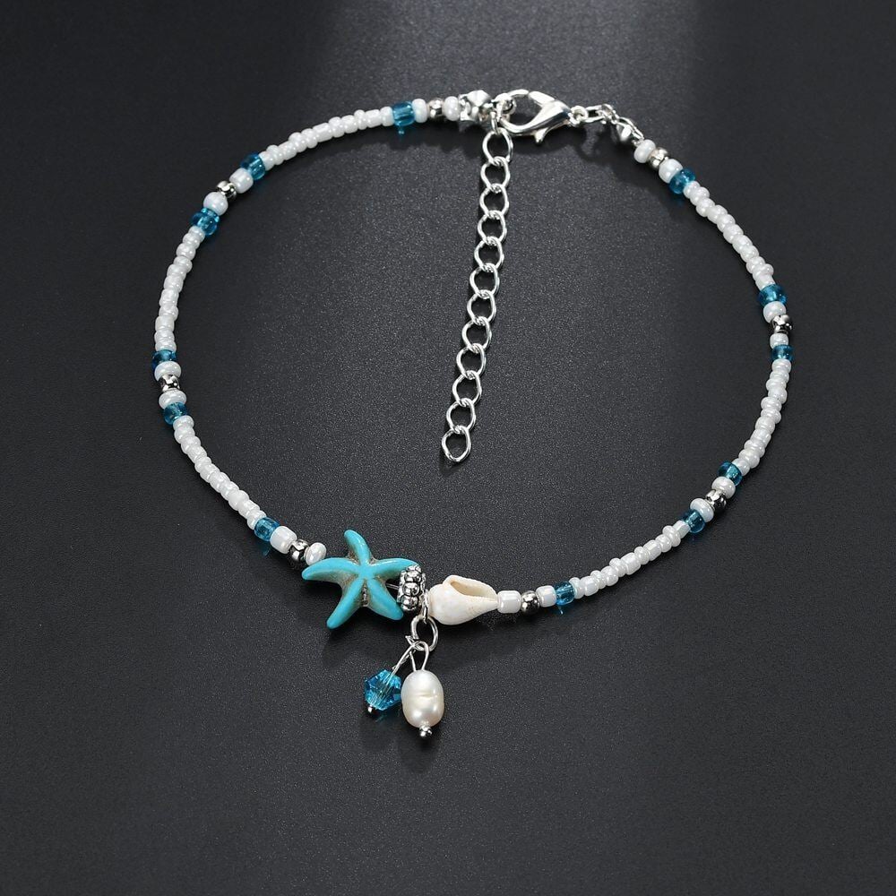 Picture of Stylish Multilayer Golden Colored Anklet for Women | Simple Design Foot Chain Starfish shell beach anklet - Blue