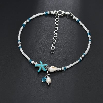 Picture of Stylish Multilayer Golden Colored Anklet for Women | Simple Design Foot Chain Starfish shell beach anklet - Blue