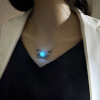 Picture of Fashion Halloween Skull Palm Heart Pendant Luminous Necklace For Women Glowing Jewelry Rope Chain Choker Party Statement Gift - Blue