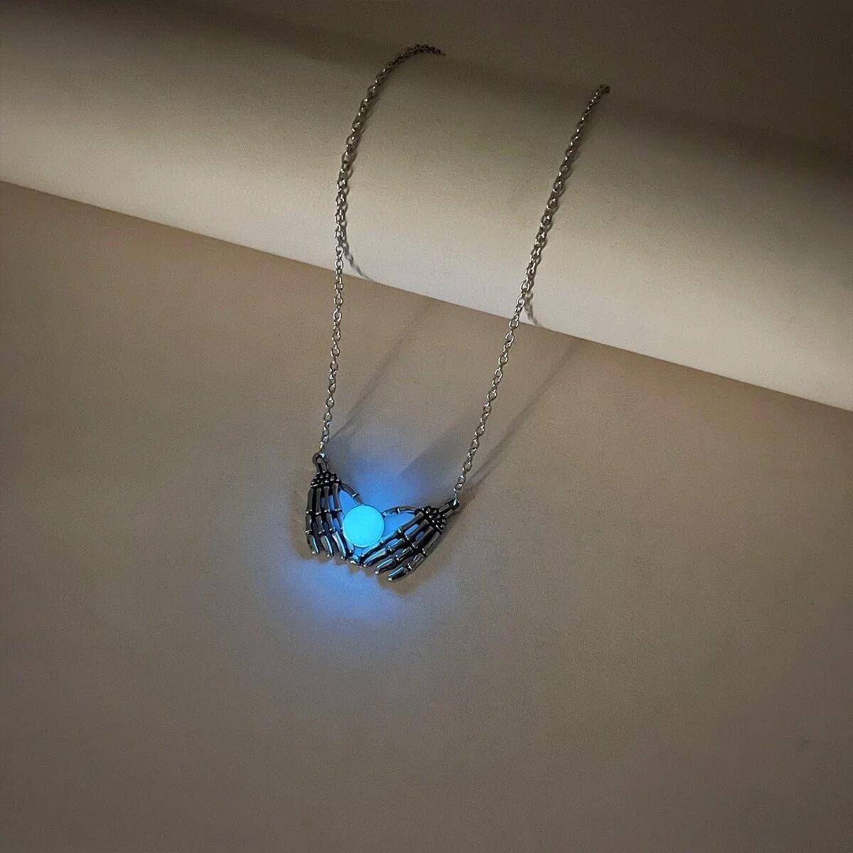 Picture of Fashion Halloween Skull Palm Heart Pendant Luminous Necklace For Women Glowing Jewelry Rope Chain Choker Party Statement Gift - Blue