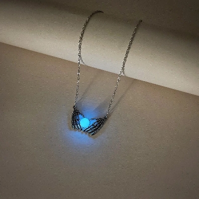 Picture of Fashion Halloween Skull Palm Heart Pendant Luminous Necklace For Women Glowing Jewelry Rope Chain Choker Party Statement Gift - Blue