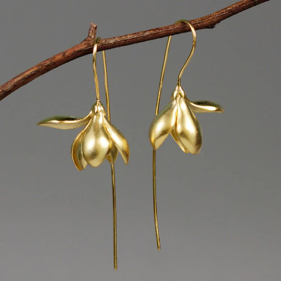 Picture of Gold Earring Fashion Jewelry Elegant Magnolia Flower Dangle Earrings For Women Gifts (Available) - 3 MM - Gold