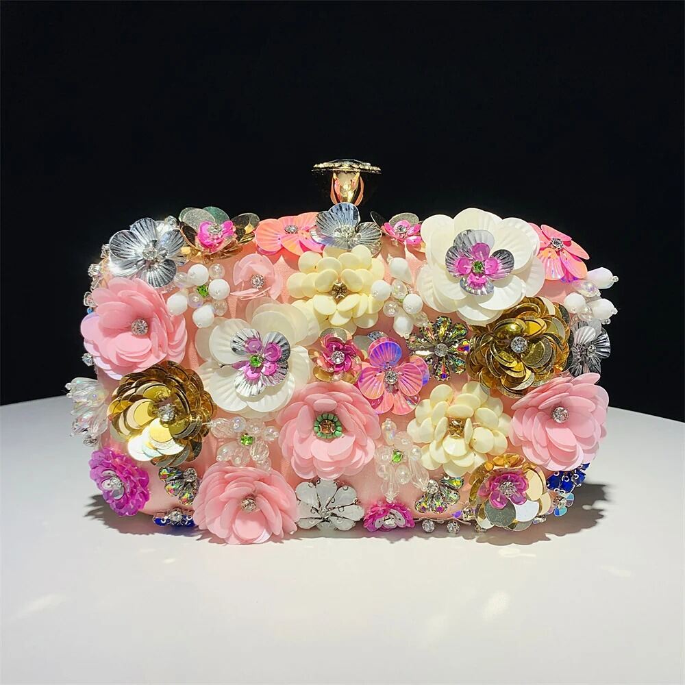 Picture of Luxury 3D Floral Evening Clutch Bag for Women | Handmade Flower Beaded Party Purse | Elegant Wedding, Banquet & Bridal Handbag | European & American Style