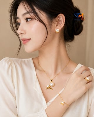Picture of Luxury Gold Pearl Jewelry Set for Women | Necklace, Earrings, Bracelet & Ring Set - Gold