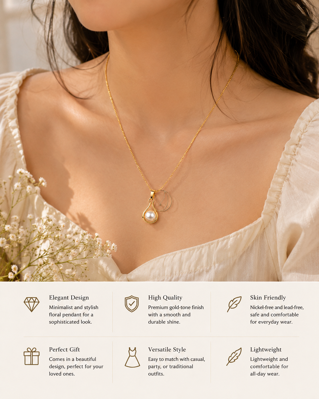 Picture of Elegant Pearl Pendant Necklace for Women | Gold-Tone Korean Chain | Minimalist Jewelry - Gold