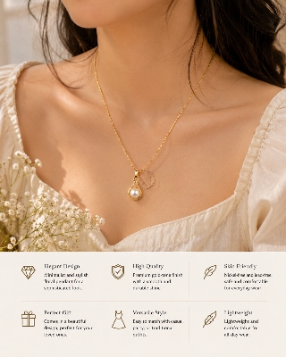 Picture of Elegant Pearl Pendant Necklace for Women | Gold-Tone Korean Chain | Minimalist Jewelry - Gold