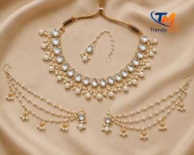 Picture of Premium Pearl & Kundan Bridal Necklace Set for Women – Gold Plated | Wedding Jewelry Set - Gold