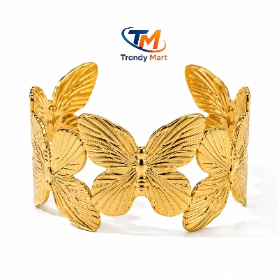 Picture of Luxury Gold Butterfly Open Cuff Bracelet for Women | Fashion Metal Bangle | Adjustable Wrist Bracelet - Gold