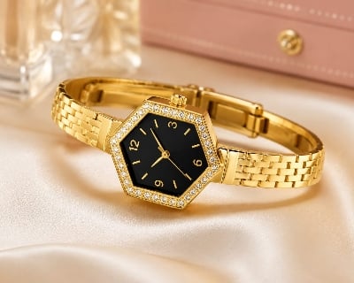 Picture of Luxury Gold Hexagon Women's Bracelet Watch | Elegant Quartz Wrist Watch | Fashion Gold Plated Watch - Black