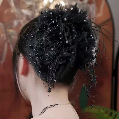 Picture of Fashion Fairy Butterfly Feather Tassel Hair Claw Shark Clips Temperament Mesh Flower Claw Clip Women Headwear Hair Accessories - Black