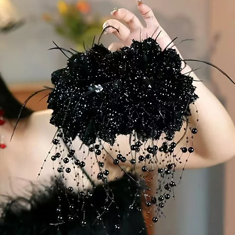 Picture of Fashion Fairy Butterfly Feather Tassel Hair Claw Shark Clips Temperament Mesh Flower Claw Clip Women Headwear Hair Accessories - Black