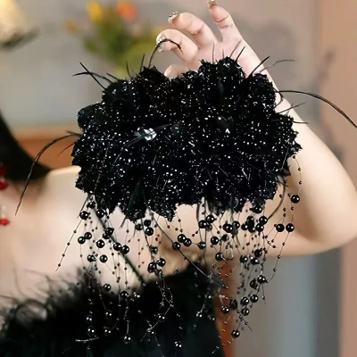 Picture of Fashion Fairy Butterfly Feather Tassel Hair Claw Shark Clips Temperament Mesh Flower Claw Clip Women Headwear Hair Accessories - Black