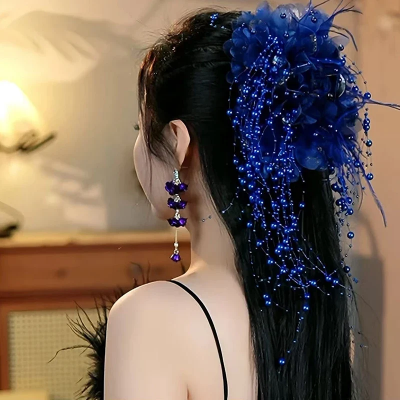 Picture of Fashion Fairy Butterfly Feather Tassel Hair Claw Shark Clips Temperament Mesh Flower Claw Clip Women Headwear Hair Accessories - Black