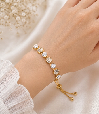 Picture of Elegant Black & White Stone Adjustable Bracelet for Women - White