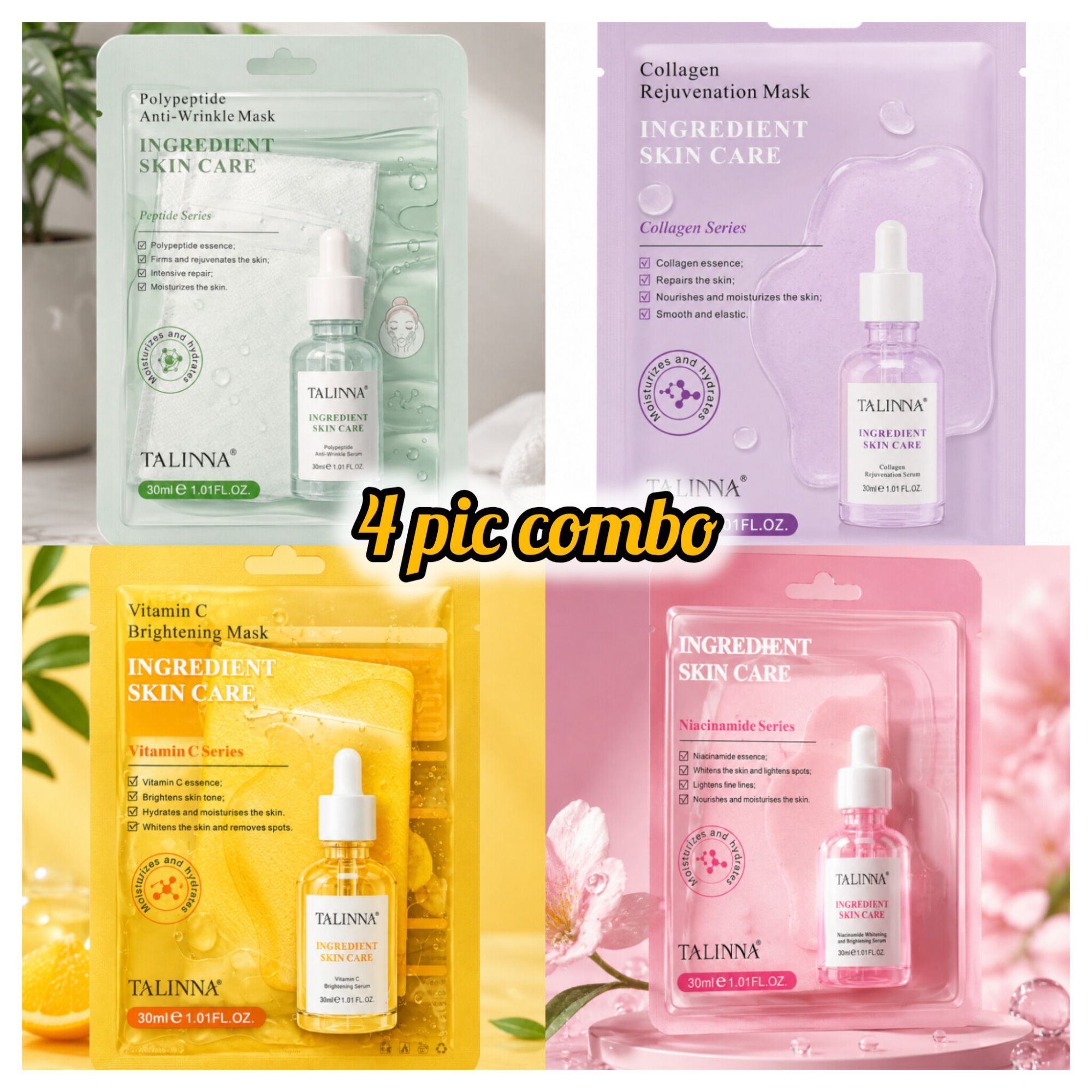 Picture of TALINNA Ingredient Skin Care 4-Piece Combo – Vitamin C, Niacinamide, Collagen & Polypeptide Serum Sheet Mask