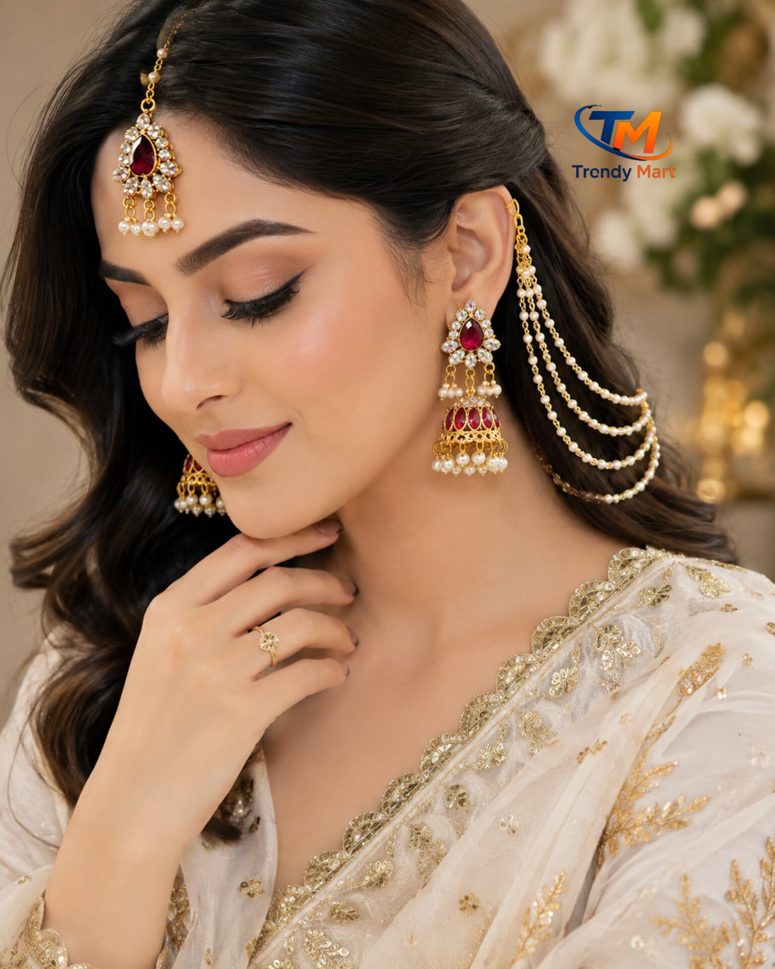 Picture of Royal Bahuboli Pearl Stone Jewelry Set - Gold