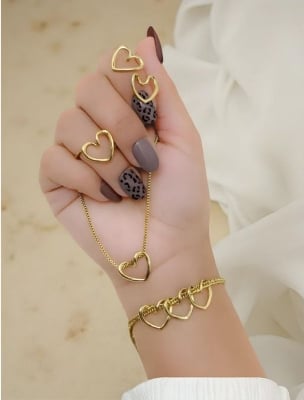 Picture of Elegant Heart Design Jewelry Set – Necklace, Bracelet & Rings - Gold