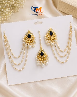 Picture of Royal Bahubali Red Stone Pearl Earrings with Tikli Set - Black