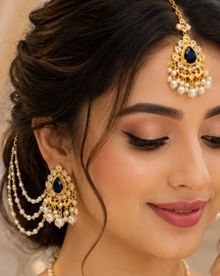 Picture of Royal Bahubali Red Stone Pearl Earrings with Tikli Set - Black