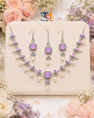 Picture of Women’s Elegant Lavender Stone Pearl Necklace Earrings & Tikka Jewelry Set - Purple