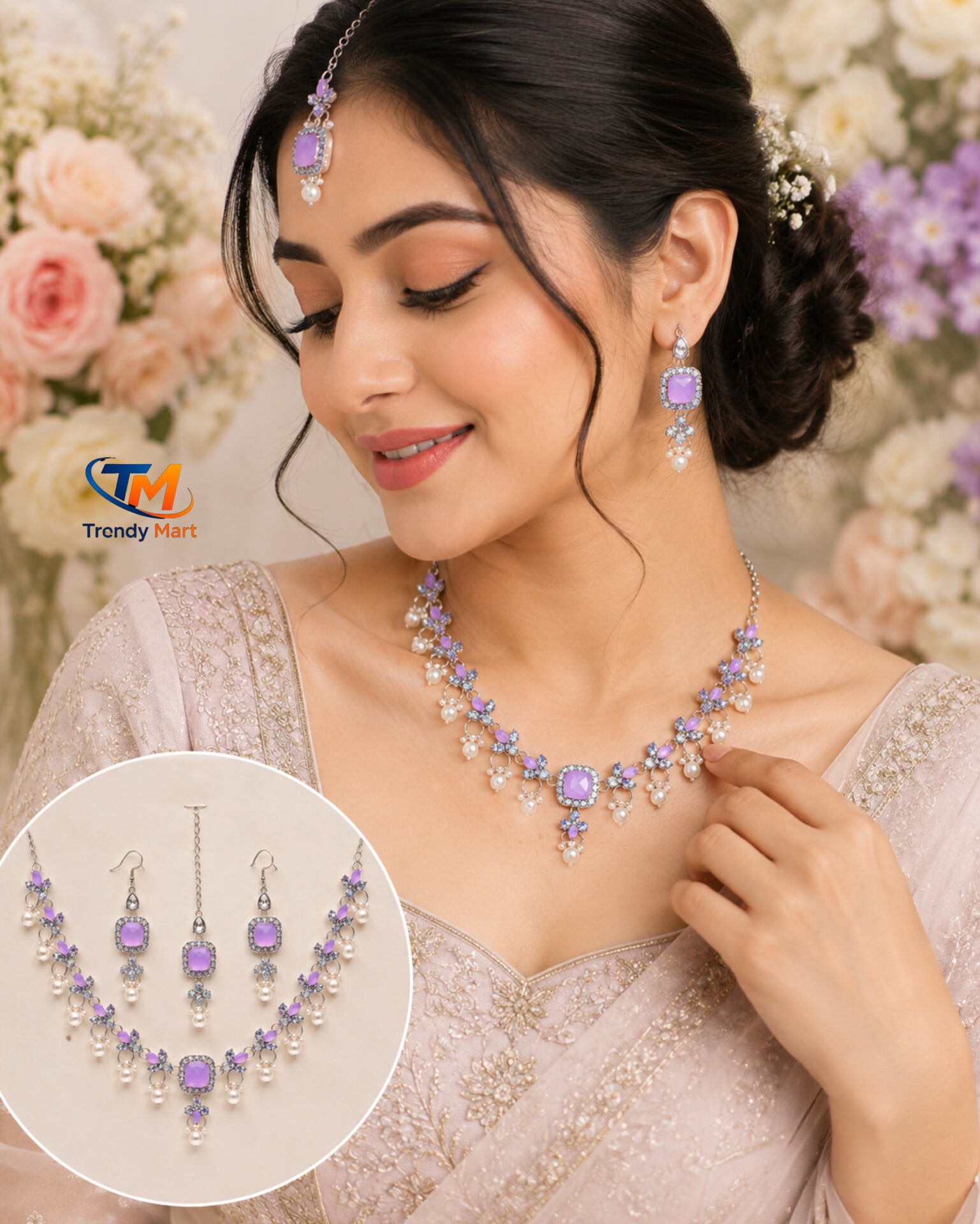 Picture of Women’s Elegant Lavender Stone Pearl Necklace Earrings & Tikka Jewelry Set - Purple